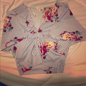 Blue and White striped floral designed crop top